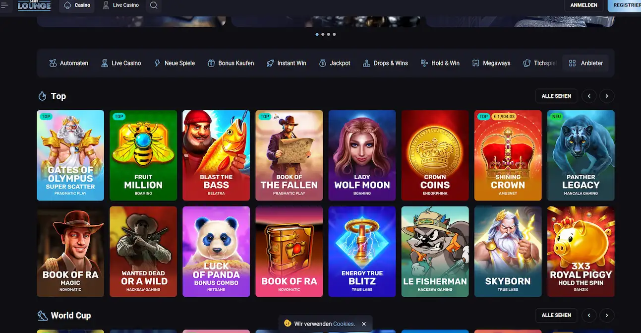 Übersicht der Spiellobby von Slotlounge Casino mit Slots und Live-Casino-Kategorien