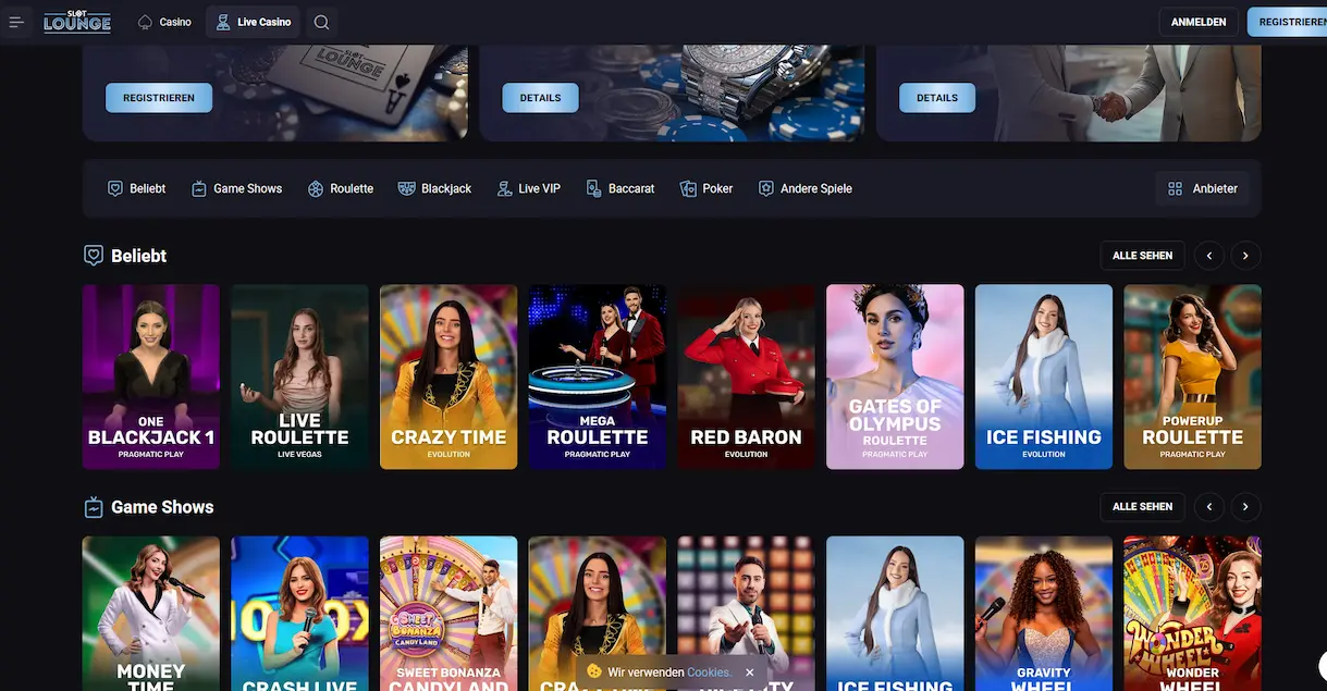 Live-Casino-Bereich von Slotlounge mit Tischen von Evolution Gaming
