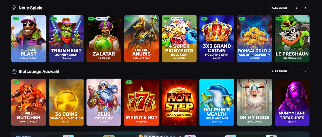 Auswahl an Spielautomaten im Slotlounge Casino